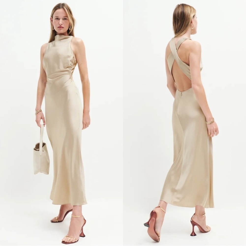 Reformation Cassette Silk Cowl Mock Neck Open Cross Back Maxi Dress Gown Sand